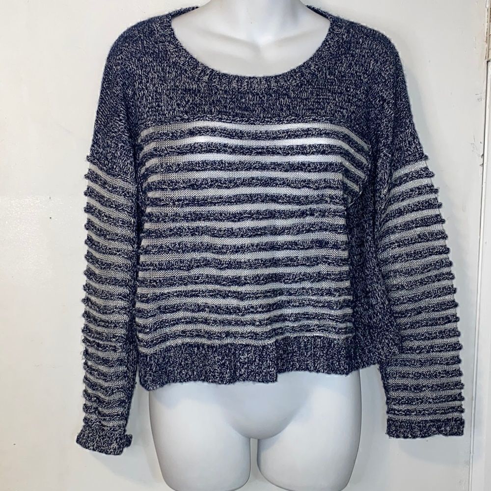 QUINN Navy Blue Textured Striped Marled Linen Cashmere Blend Crop Sweater -XS